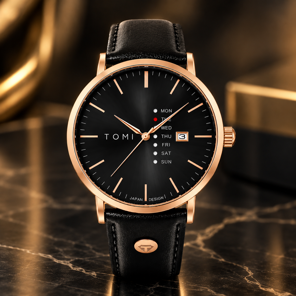 TOMI Rose Gold Black Leather Watch