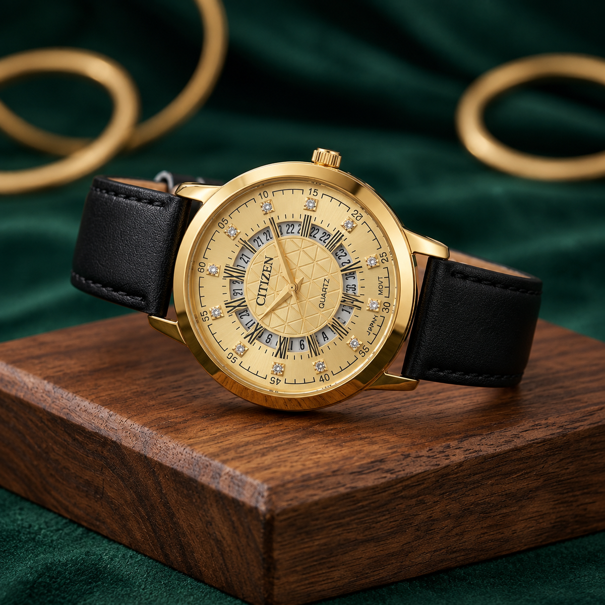 Citizen Gold Dial Quartz Watch – Black Leather Strap