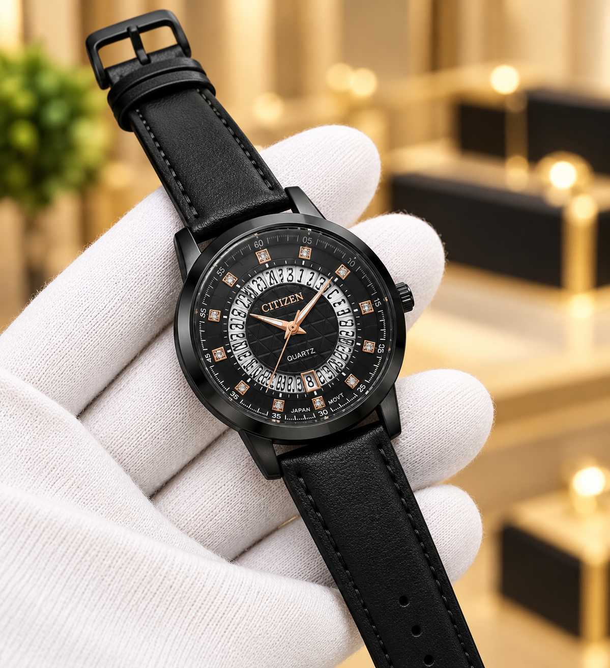 Citizen Gold Dial Quartz Watch – Black Leather Strap