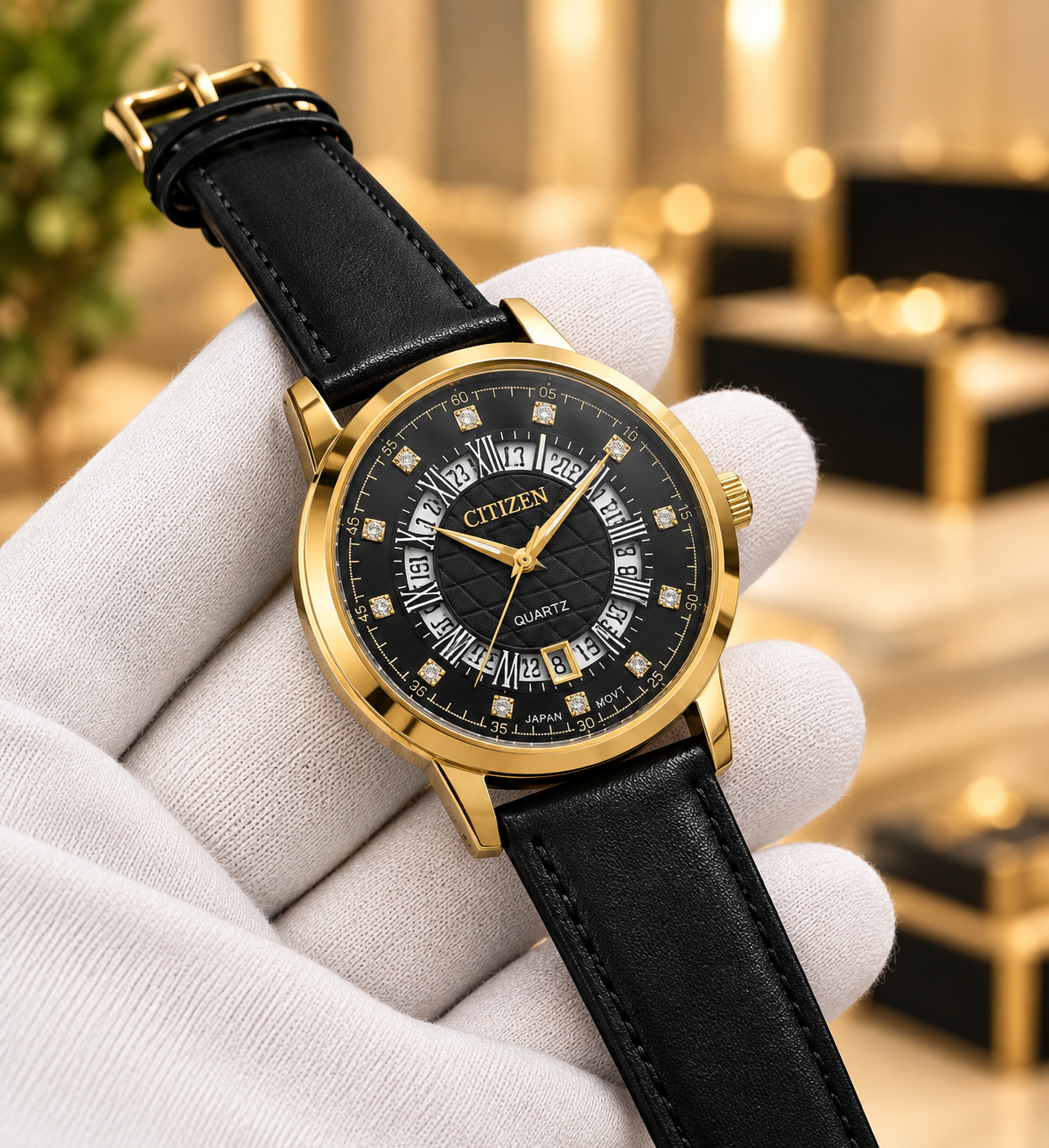 Citizen Gold Dial Quartz Watch – Black Leather Strap