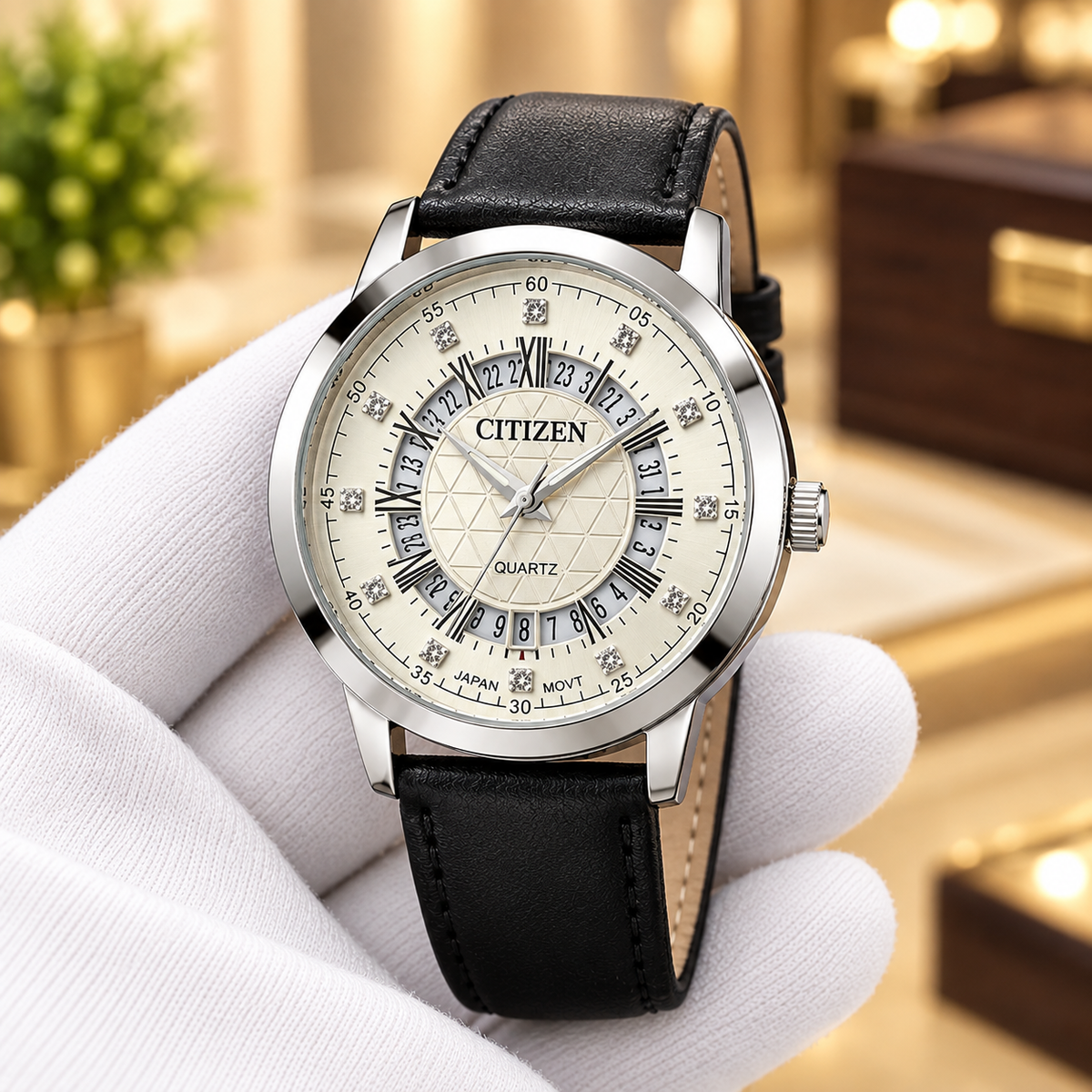 Citizen Gold Dial Quartz Watch – Black Leather Strap