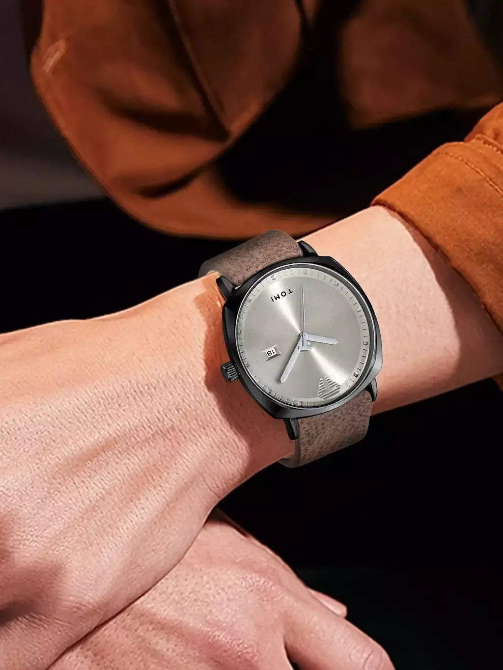 TOMI Classic Square Quartz Watch – Black Case & Brown Suede Strap