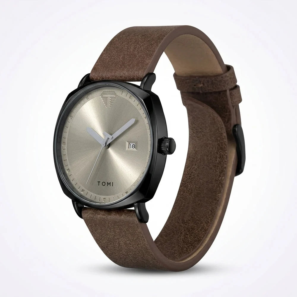 TOMI Classic Square Quartz Watch – Black Case & Brown Suede Strap