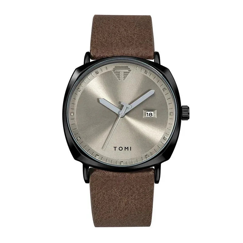 TOMI Classic Square Quartz Watch – Black Case & Brown Suede Strap