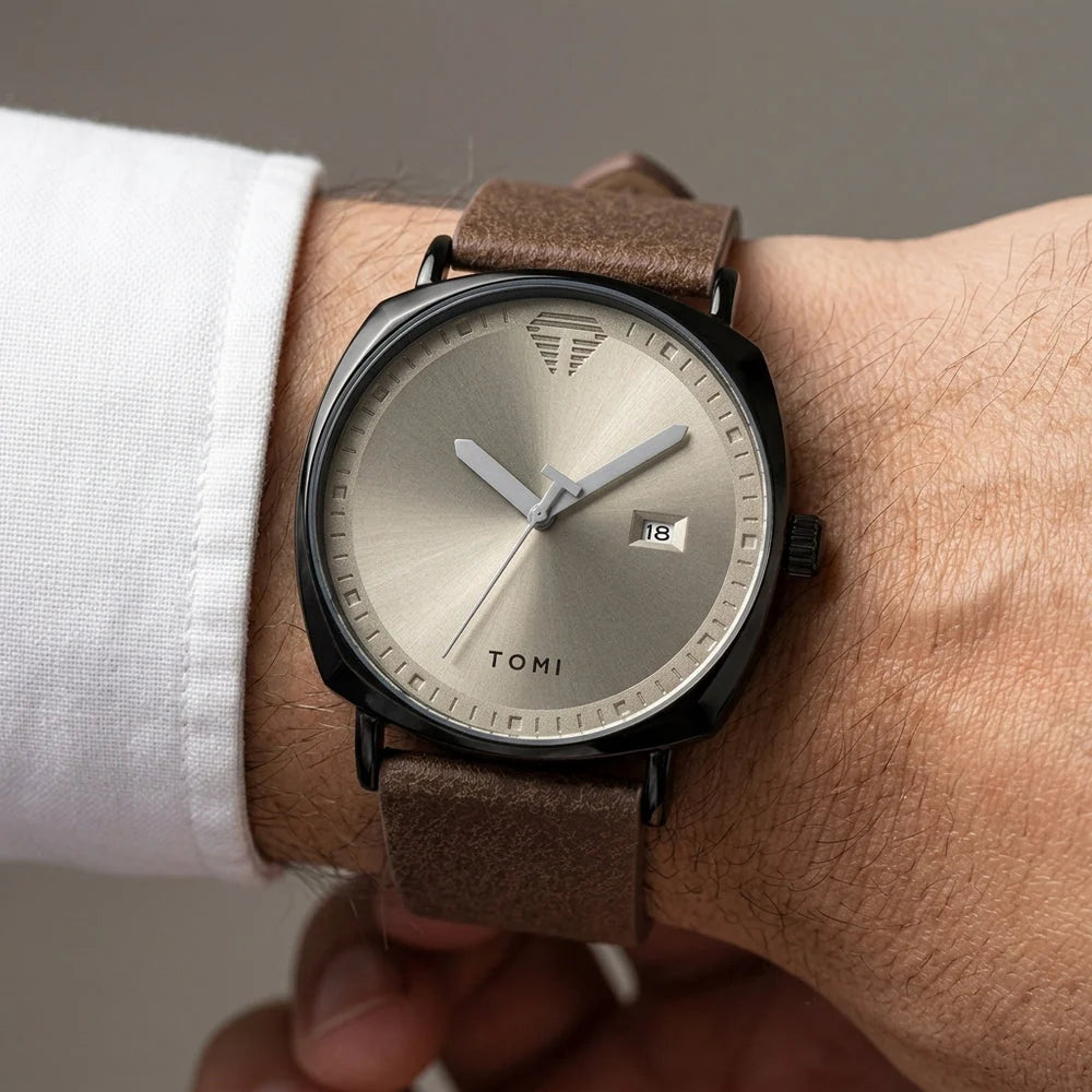 TOMI Classic Square Quartz Watch – Black Case & Brown Suede Strap