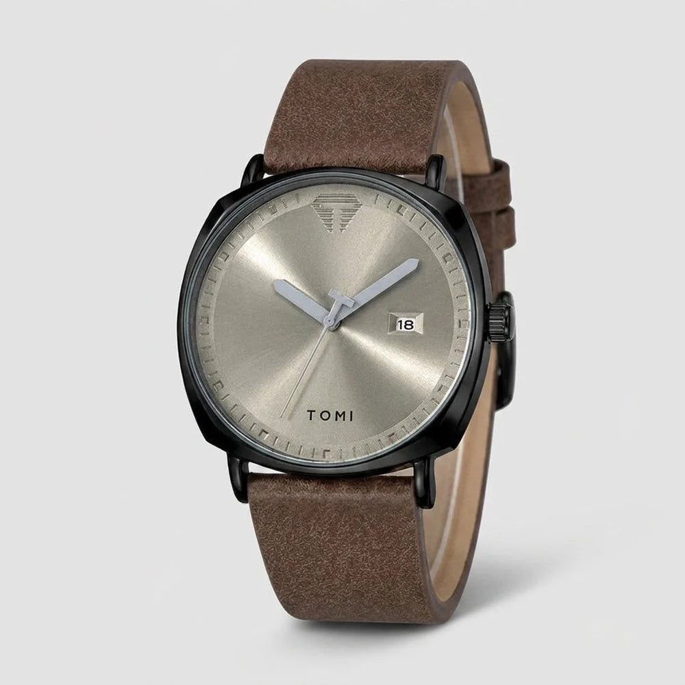 TOMI Classic Square Quartz Watch – Black Case & Brown Suede Strap