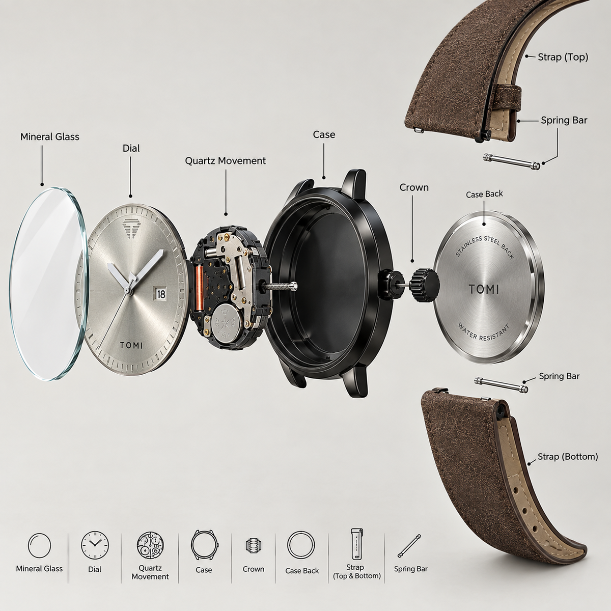 TOMI Classic Square Quartz Watch – Black Case & Brown Suede Strap