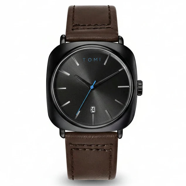 TOMI Black Edition | Gunmetal Dial & Brown Leather Strap