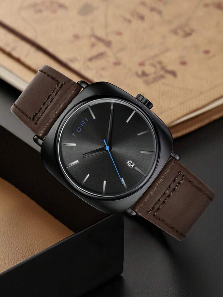TOMI Black Edition | Gunmetal Dial & Brown Leather Strap