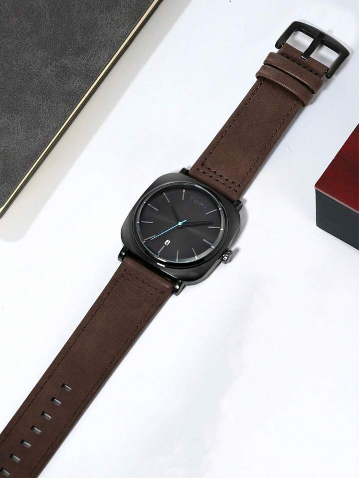 TOMI Black Edition | Gunmetal Dial & Brown Leather Strap