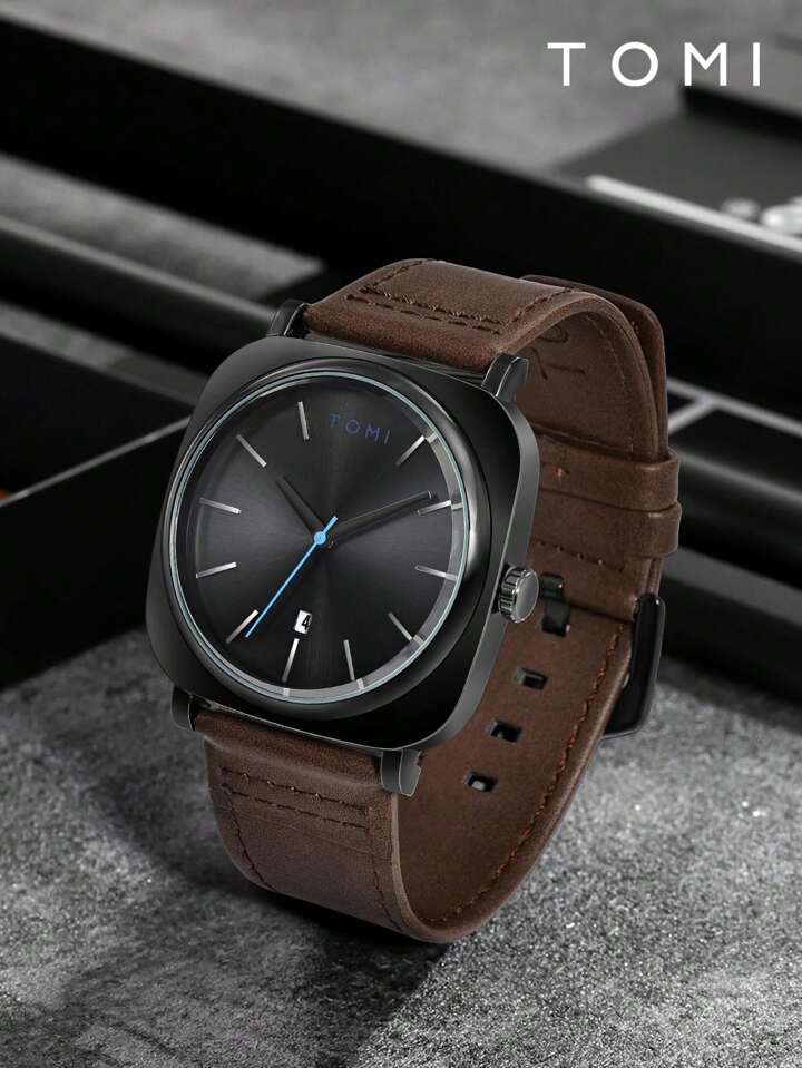 TOMI Black Edition | Gunmetal Dial & Brown Leather Strap