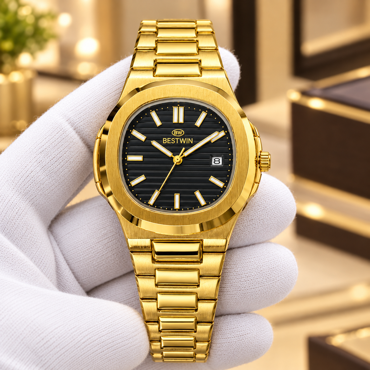 BESTWIN Gold-Tone Black Dial Watch