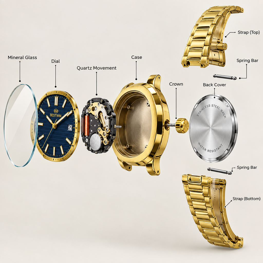 BESTWIN Gold-Tone Black Dial Watch