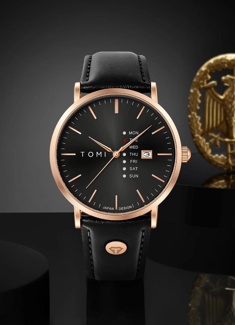 TOMI Rose Gold Black Leather Watch