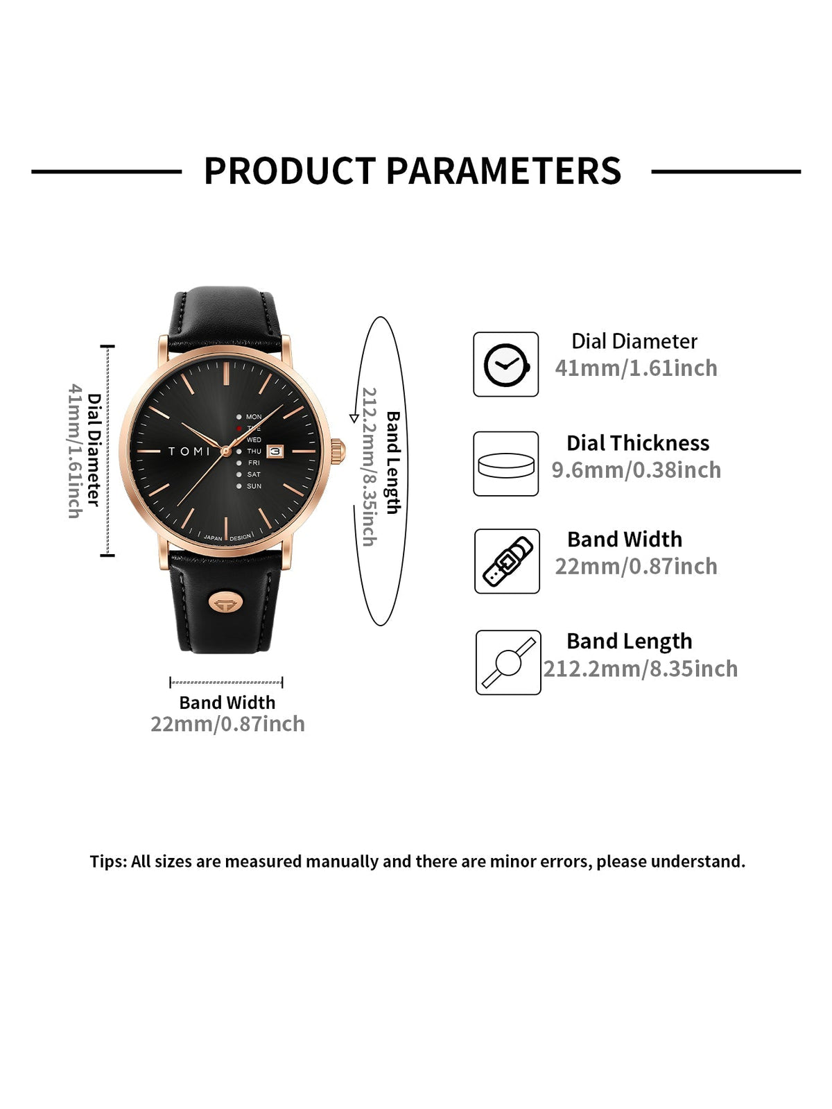 TOMI Rose Gold Black Leather Watch