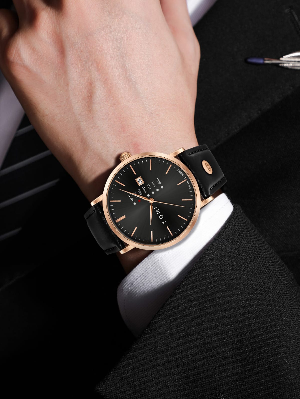 TOMI Rose Gold Black Leather Watch