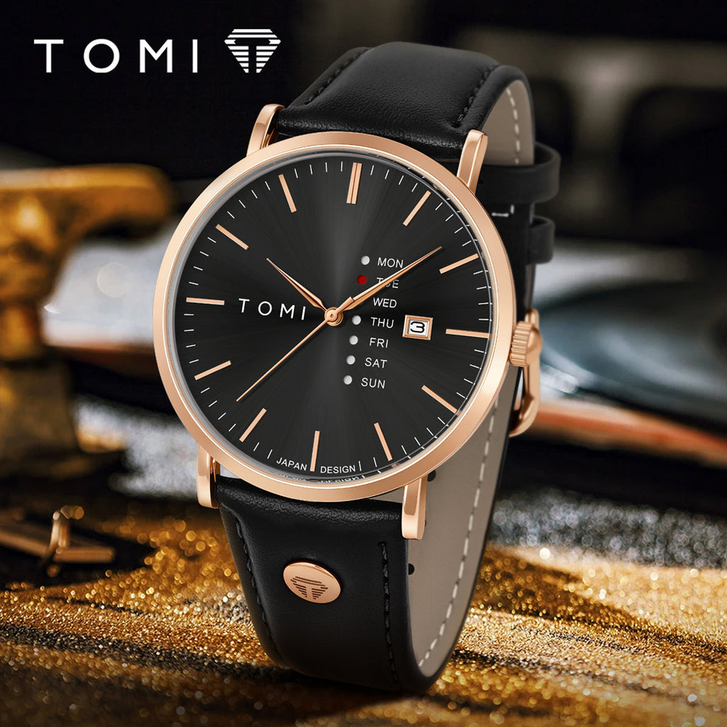 TOMI Rose Gold Black Leather Watch