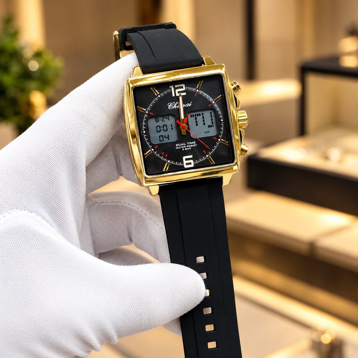 Chopari Dual Time Square Watch – Ana-Digi Rubber Strap