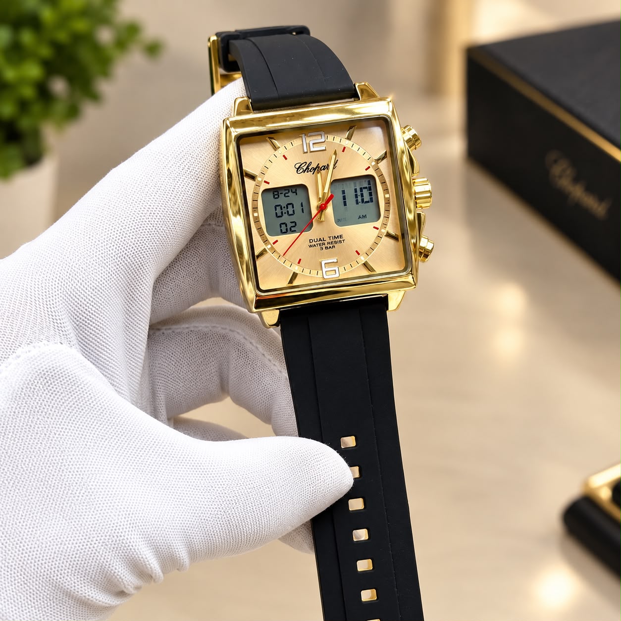 Chopari Dual Time Square Watch – Ana-Digi Rubber Strap