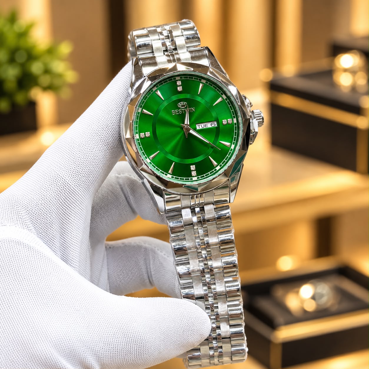 Bestwin Day-Date Steel Bracelet Watch – Diamond Markers & Two-Tone Strap