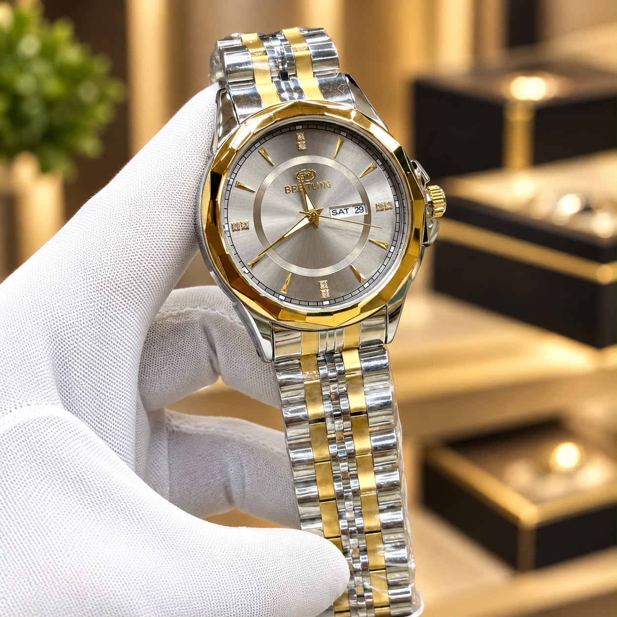 Bestwin Day-Date Steel Bracelet Watch – Diamond Markers & Two-Tone Strap