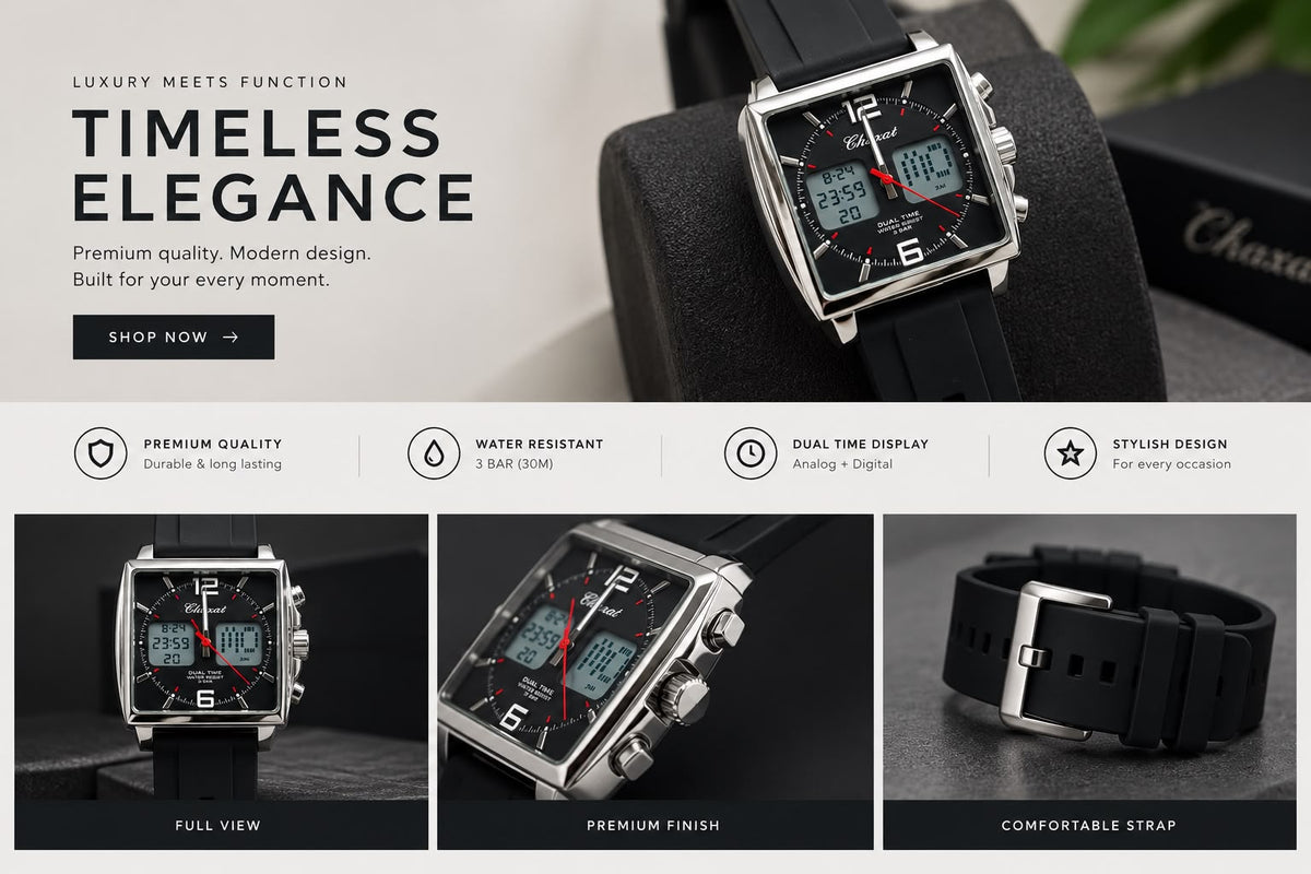 Chopari Dual Time Square Watch – Ana-Digi Rubber Strap